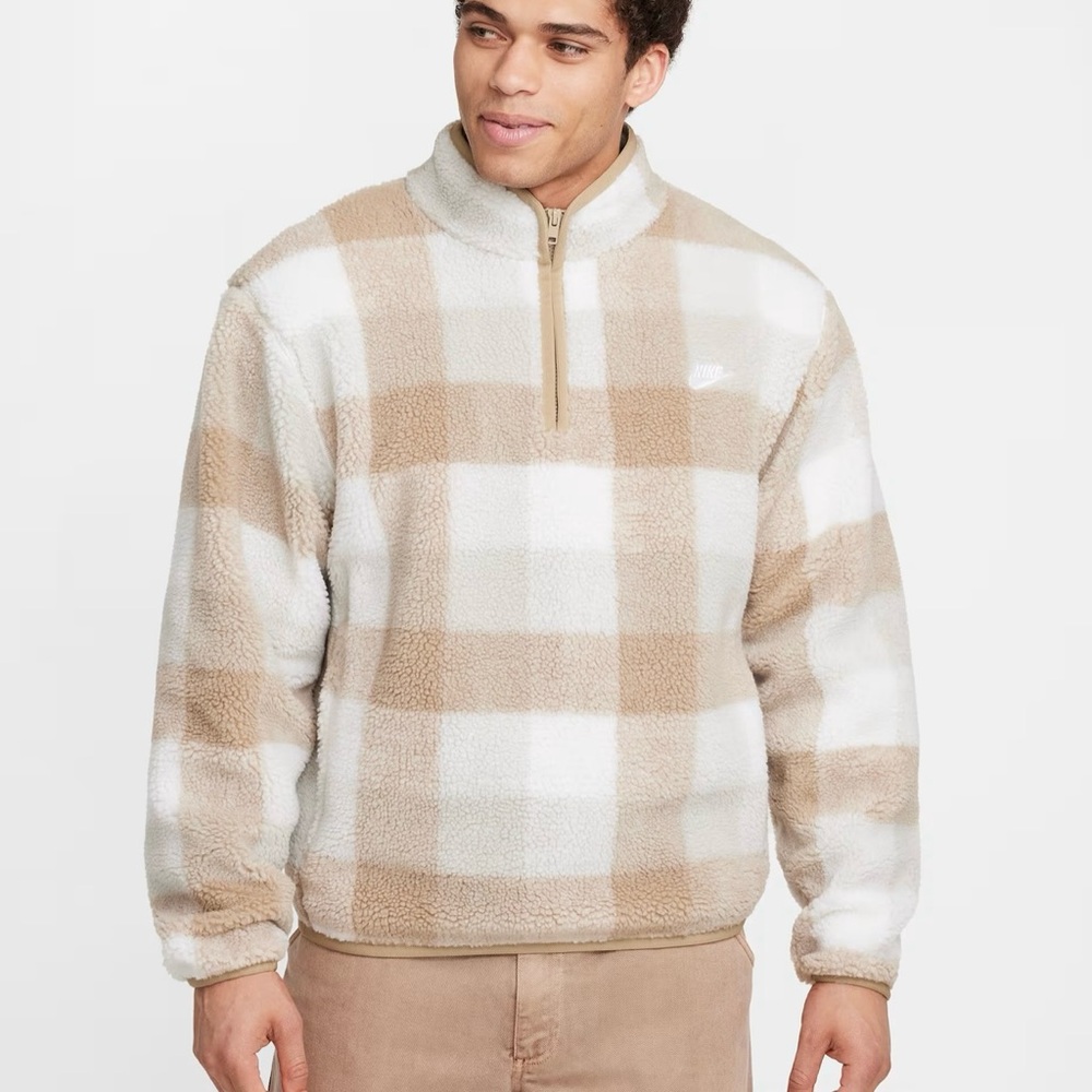 Nike Men's Beige and White Plaid Zip-Up Sweater